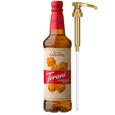 Torani bottle front packaging showing salted caramel flavor and pump benefit