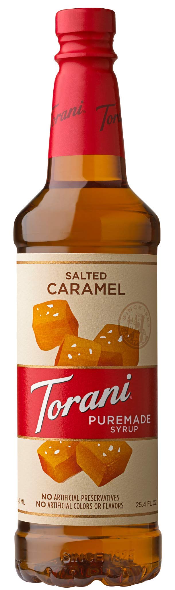 Torani Puremade Salted Caramel front bottle view showing label and kosher badge, easy identification benefit
