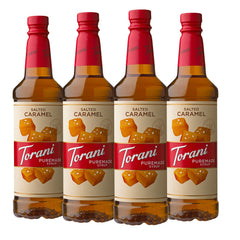 Torani bottle front packaging showing Puremade Salted Caramel, convenient multi-pack benefit