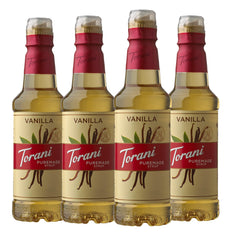 Torani Puremade vanilla front pack shows four bottles and clear labeling benefit: consistent supply
