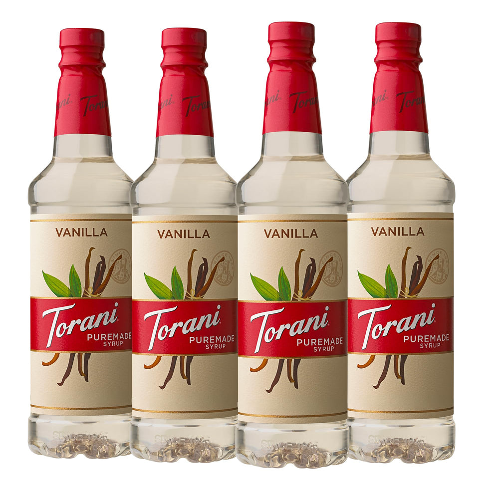 Torani bottle front packaging showing Puremade Vanilla for flavorful drinks