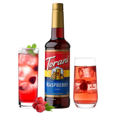 Torani raspberry close-up pour into glass highlighting smooth pour and consistent berry taste