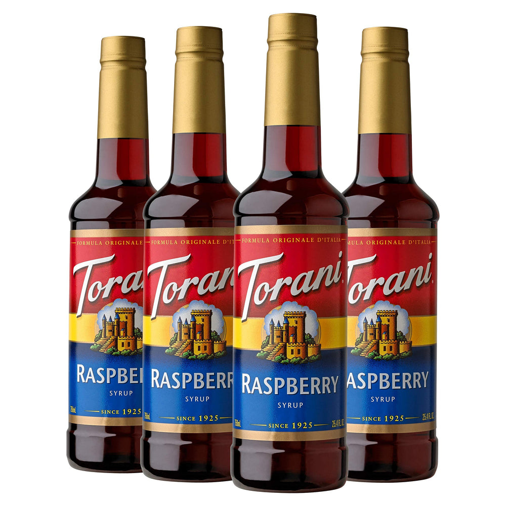 Torani raspberry front packaging showing four bottles and bright raspberry color benefits quick flavoring
