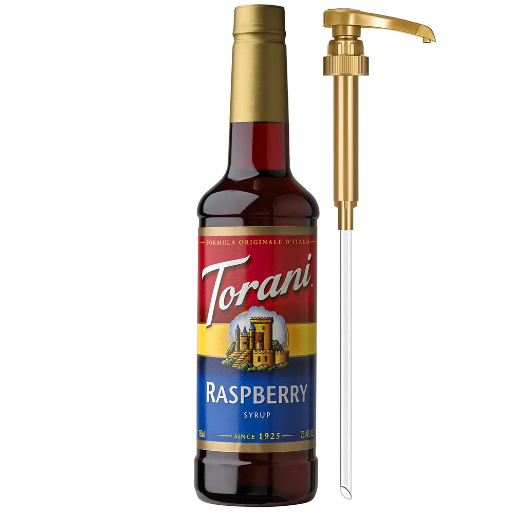 Torani raspberry bottle front view showing label and volume, ideal for quick identification