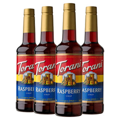Torani raspberry front packaging showing four bottles and bright raspberry color benefits quick flavoring