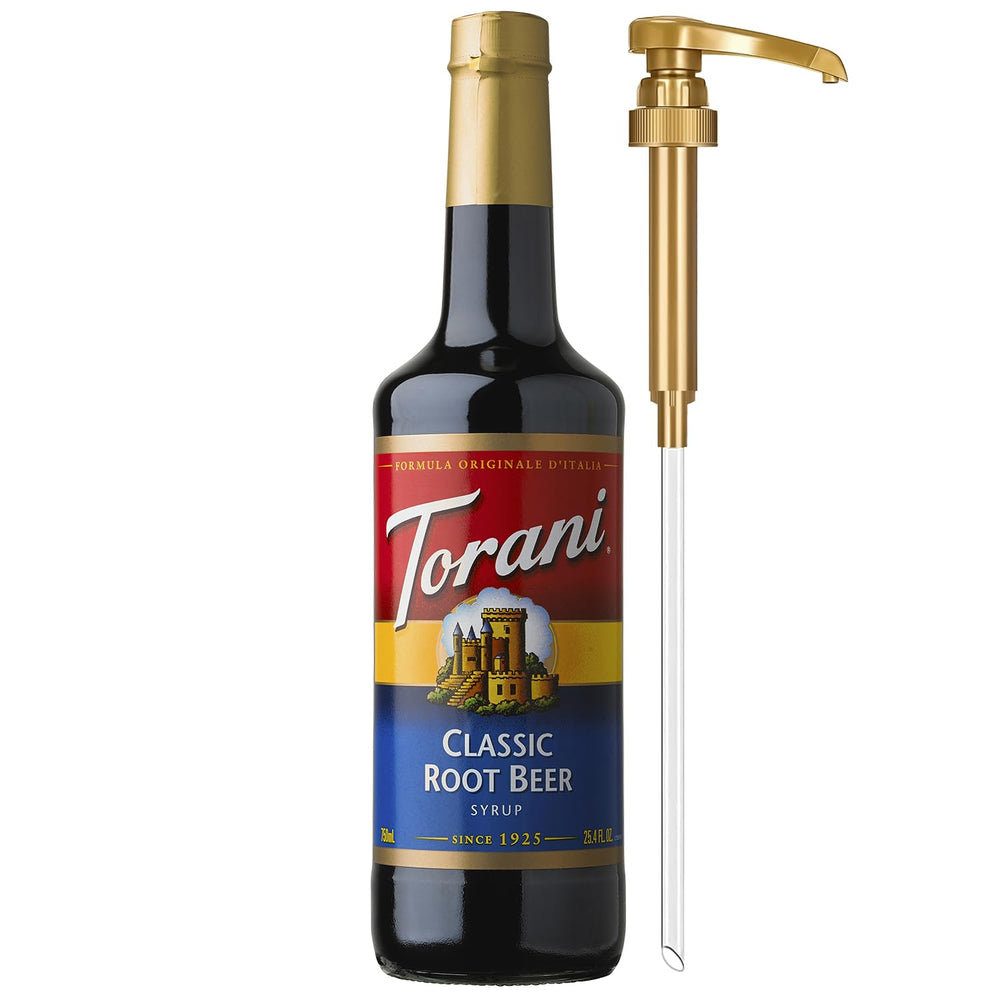 Torani root beer glass bottle front showing label and pump for easy portioning