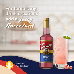 Torani rose syrup closeup of syrup texture demonstrating smooth, pourable consistency benefit: even blending