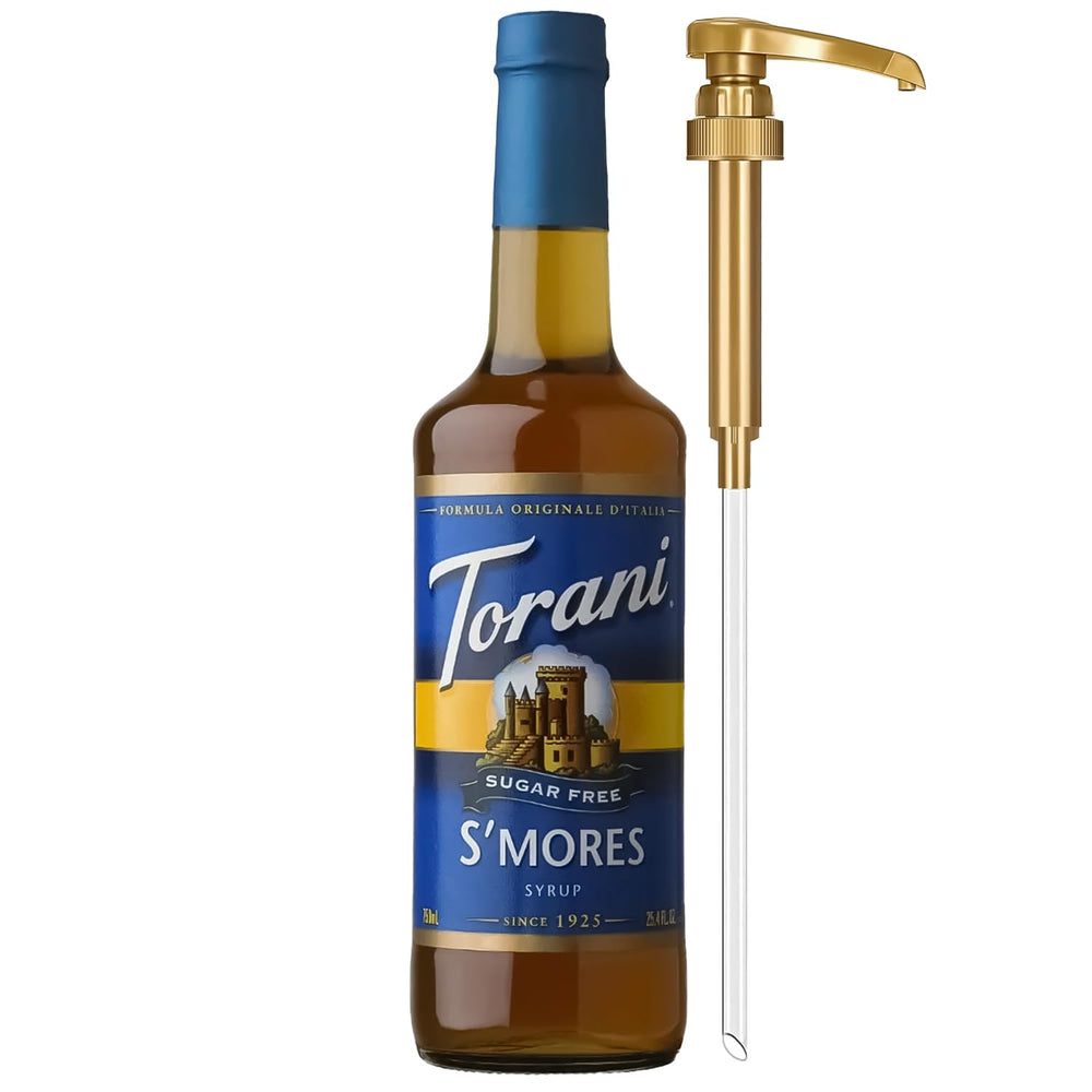 Torani s'mores syrup front packaging showing label and pump for easy pouring benefit