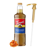 Torani bottle front label showing salted caramel flavor and 1L volume for clear identification and trust