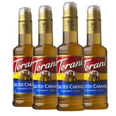 Torani bottle front showing salted caramel label and flavor, enhancing beverage variety