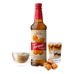 Torani Puremade Salted Caramel syrup pouring close-up showing texture and sheen for flavor appeal