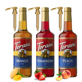 Torani three-pack front view showing strawberry peach mango bottles and pumps for convenience
