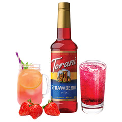 Torani strawberry side label detail highlighting ingredients and usage guidance for clarity