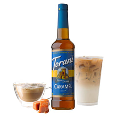torani label closeup highlighting caramel flavor and sugar-free claim