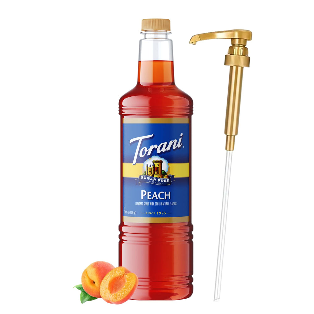 Torani bottle front packaging showing peach flavor and pump for convenient serving