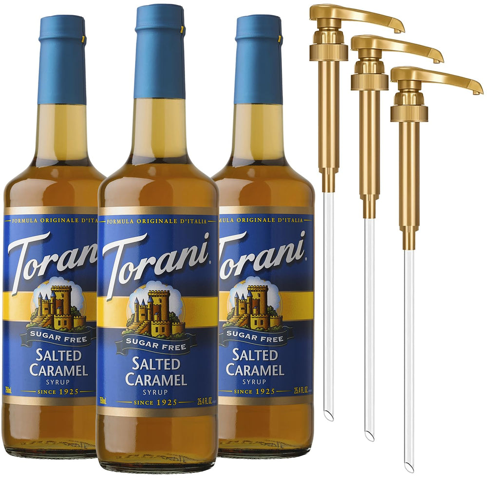Torani bottle front packaging showing salted caramel flavor and size benefit