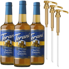 Torani bottle front packaging showing salted caramel flavor and size benefit