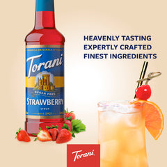 Torani sugar free strawberry bottle label detail highlighting ingredients and zero calorie benefit
