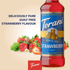 Torani sugar free strawberry syrup pouring from bottle showing smooth texture and precise dosing