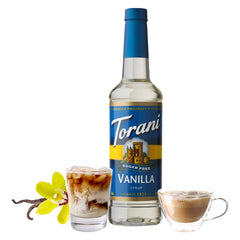 Torani sugar free vanilla bottle angled to show size and pour spout for convenience