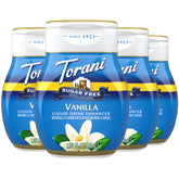 Torani sugar free vanilla front packaging showing four bottles for convenient flavoring