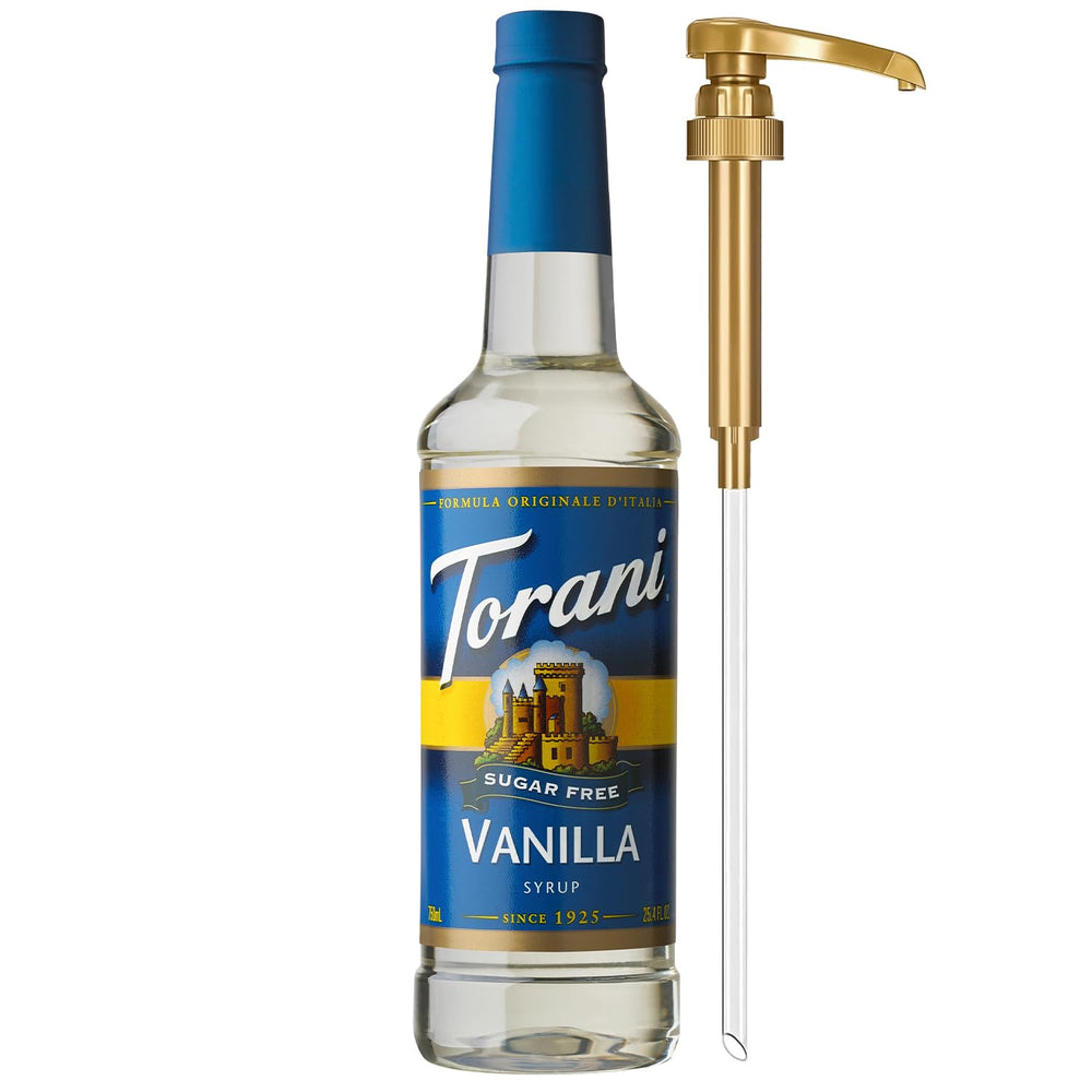 Torani sugar-free vanilla front packaging showing bottle and pump for controlled servings