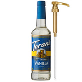 Torani sugar-free vanilla front packaging showing bottle and pump for controlled servings