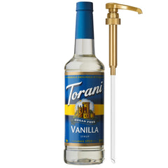 Torani sugar-free vanilla front packaging showing bottle and pump for controlled servings