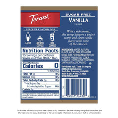 Torani sugar free vanilla syrup pouring closeup, demonstrates smooth texture and mixing
