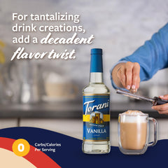 Torani sugar-free vanilla syrup swirled in a cup showing smooth vanilla texture and flavor