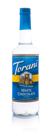 Torani sugar free white chocolate front label showing bottle and product name for easy identification
