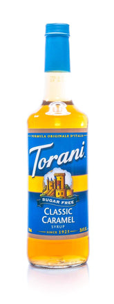 Torani sugarfree caramel front packaging showing label and serving size benefit