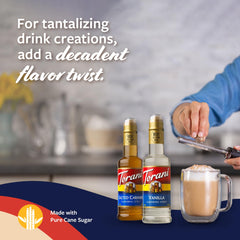 Torani syrups drizzled into iced latte illustrating easy mixing and cafe-style taste