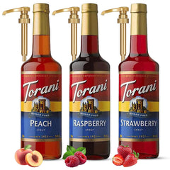 Torani three-bottle pack front view showing labels and pumps for quick selection