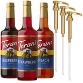 Torani trio front packaging showing three bottles and pumps for quick serving