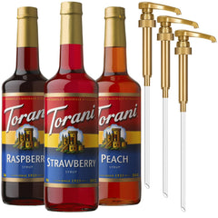 Torani trio front packaging showing three bottles and pumps for quick serving
