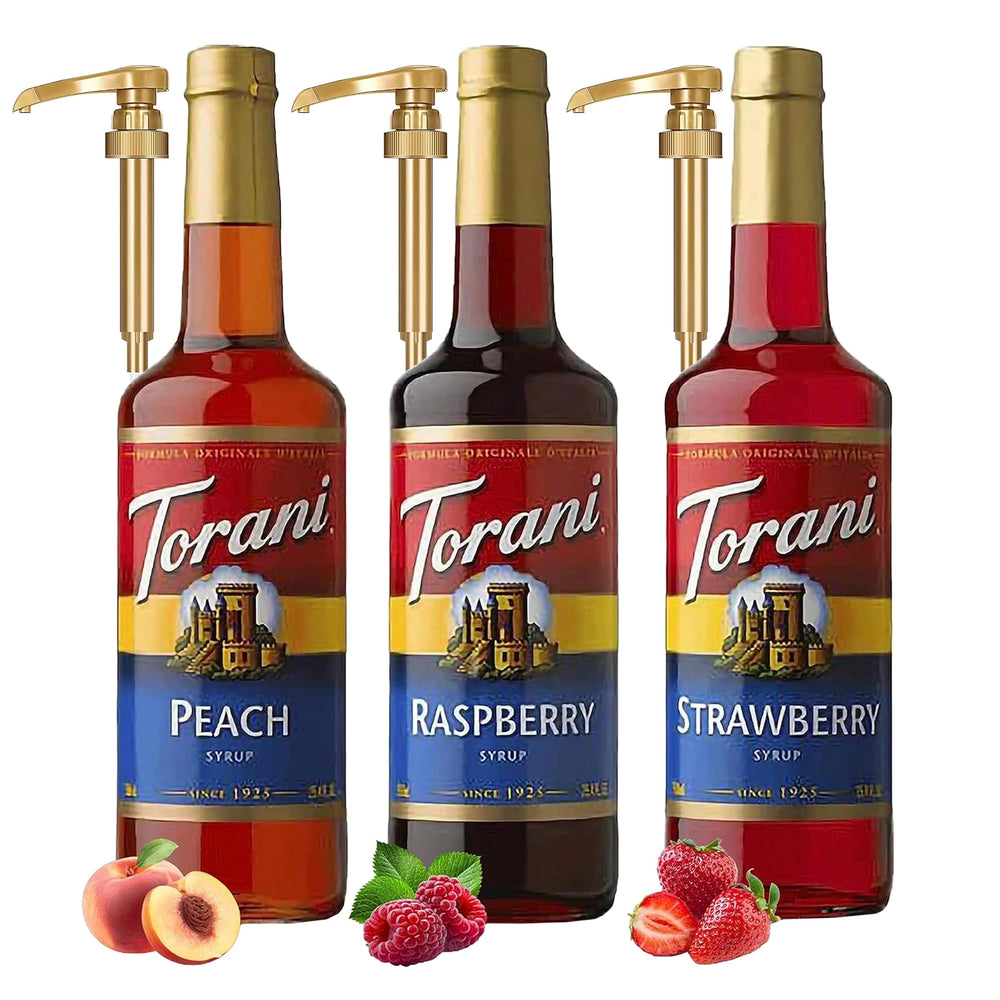 Torani trio front packaging showing all three bottles and labels, clear visual reference