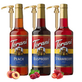 Torani trio front packaging showing all three bottles and labels, clear visual reference