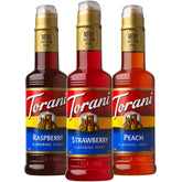 Torani trio front packaging showing three flavor bottles and labels for quick selection