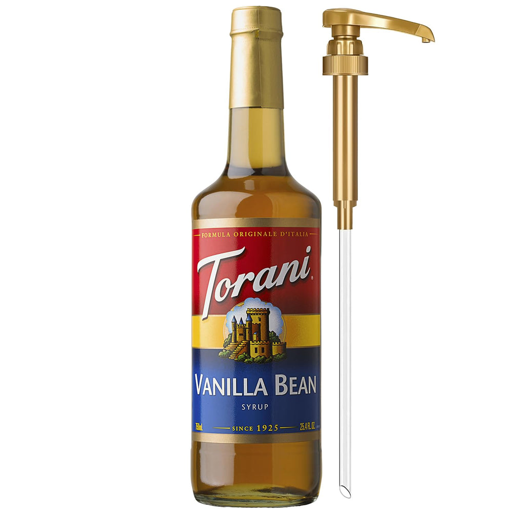 Torani bottle front packaging showing vanilla bean label and volume benefit