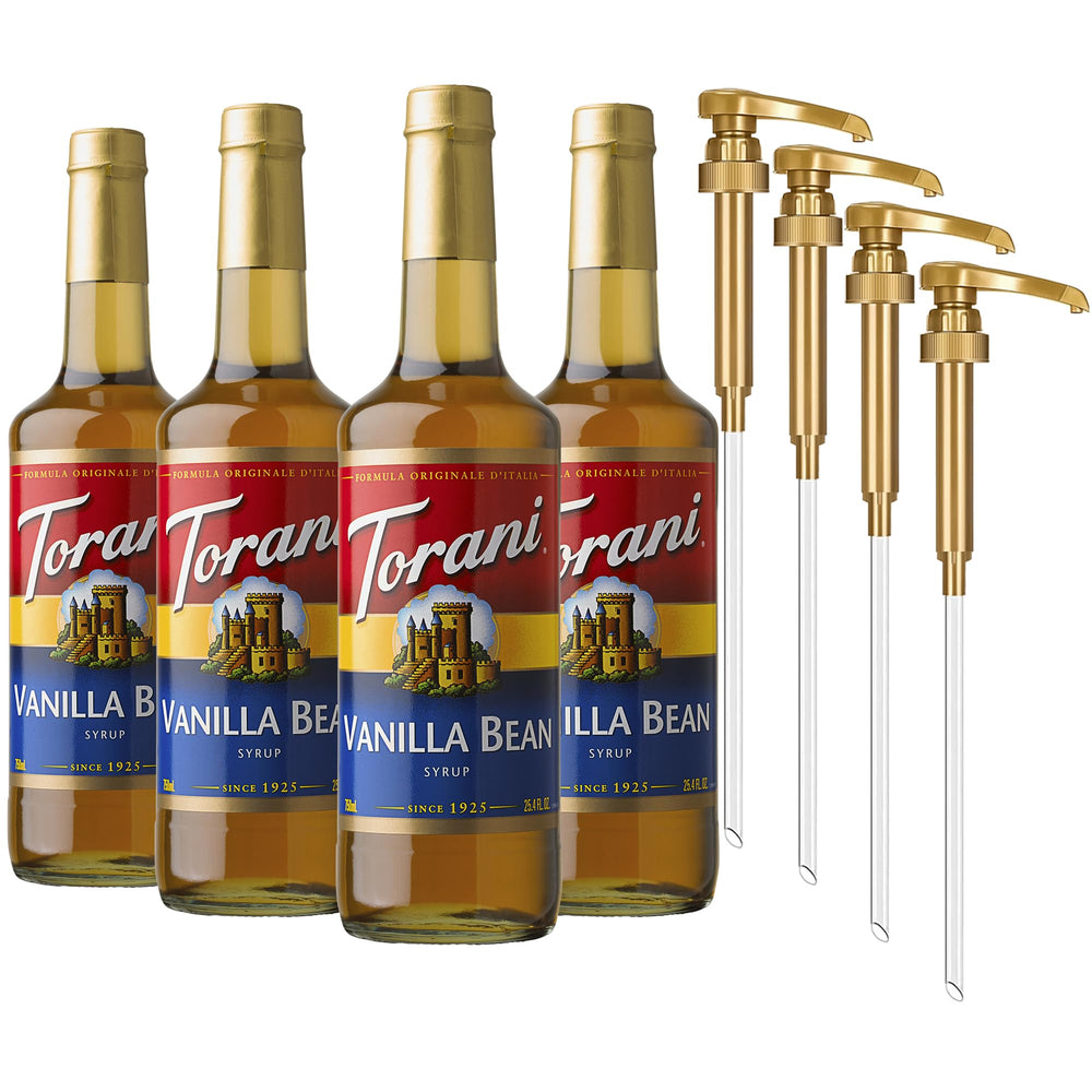 Torani vanilla bean front packaging showing four glass bottles and pumps for easy serving