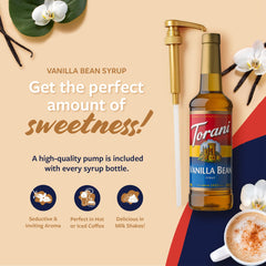 Torani label closeup highlighting vanilla bean origin and premium quality