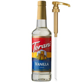 Torani vanilla bottle front view showing brand and size, highlighting convenience and flavor