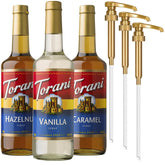 Torani three-bottle front packaging showing Vanilla Caramel Hazelnut for easy selection