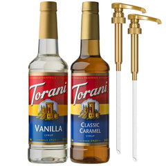 Torani front packaging showing both bottles and pumps for easy pouring benefit