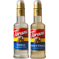 Torani front packaging showing both Vanilla and French Vanilla bottles for easy selection