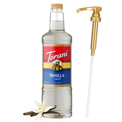 Torani bottle front label showing vanilla flavor and volume — clear identification and premium look