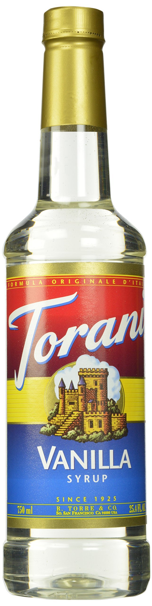 Torani bottle front packaging showing vanilla syrup and brand benefits