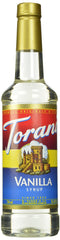 Torani bottle front packaging showing vanilla syrup and brand benefits
