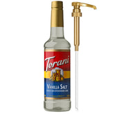 Torani bottle front packaging showing vanilla salt flavor and size benefit: clear product view